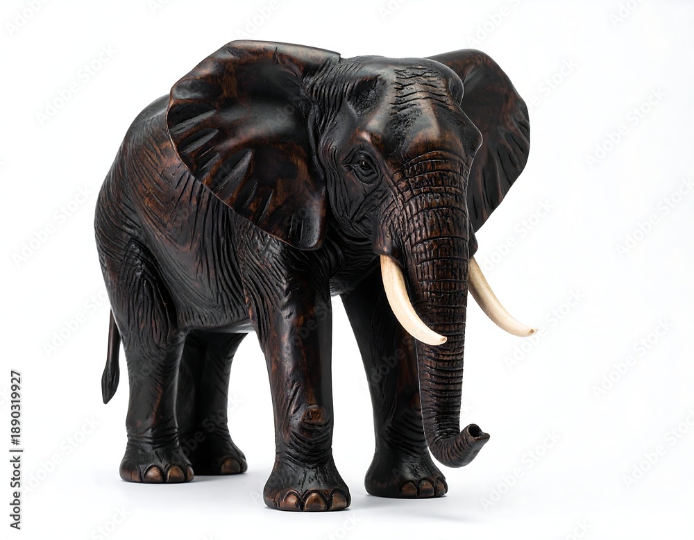 Fototapeta premium A meticulously carved wooden sculpture of an elephant. The figure is realistically detailed with contrasting dark wood and ivory tusks, set against a white backdrop