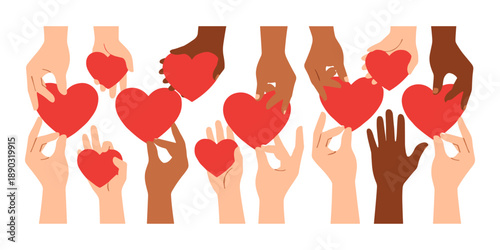 Diverse hands holding red hearts showing community caring