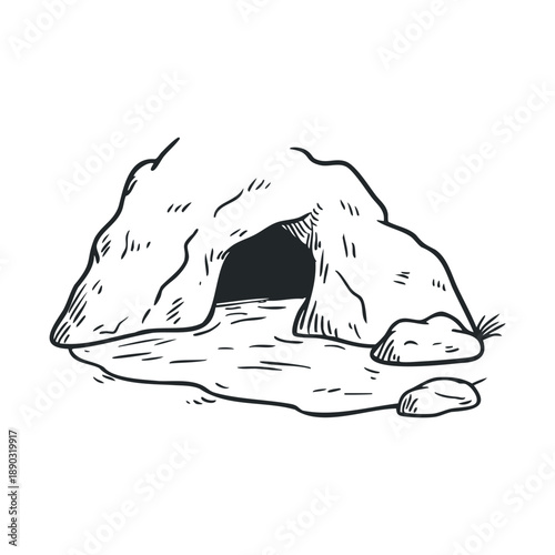 Classic cartoon style cave entrance sketch showing a dark opening surrounded by rocks and a small patch of grass, rendered in a vintage engraving technique.