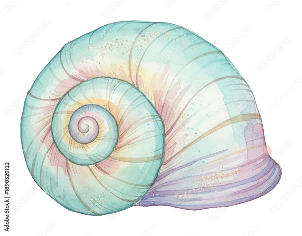 Obraz premium Beautiful Watercolor Seashell Illustration with Pastel Blue Green Pink Purple Hues and Elegant Spiral Design