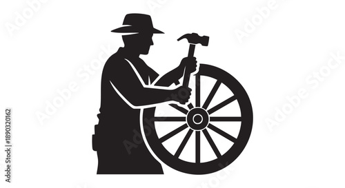 A craftsman shapes a wooden wheel with a hammer, working diligently in a workshop environment from a side viewpoint.