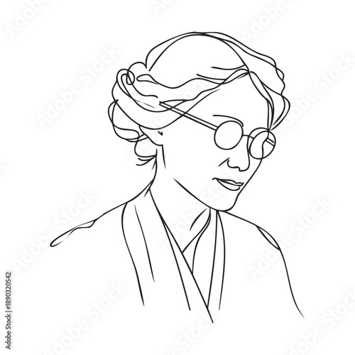 Elegant woman wearing round glasses with a gentle expression looking down thoughtfully, depicted in a minimalist black line art style.