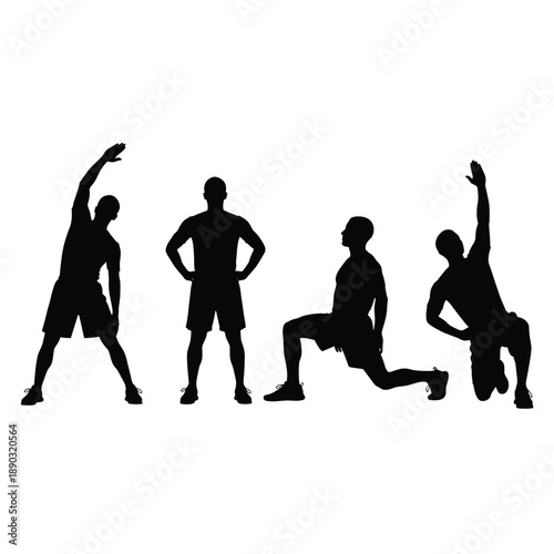 Black silhouette set of athletic man performing fitness stretching exercises and gym warm up routine isolated on white background for health and wellness concepts