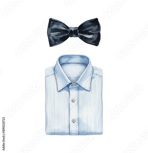 A neatly folded blue pinstriped dress shirt paired with a classic black bow tie elegant formal wear