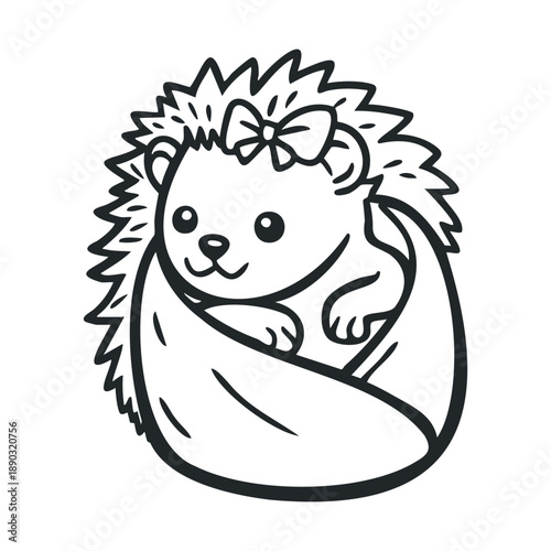 Cute cartoon hedgehog with a bow curled up and smiling sweetly, depicted in a charming black and white line art illustration style.