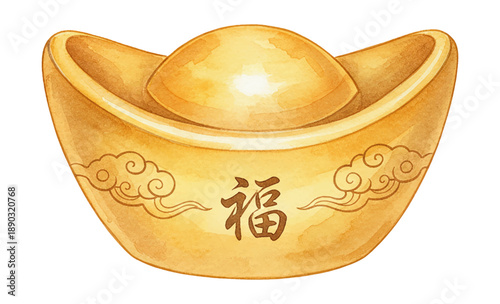 Golden Chinese Ingot Yuanbao with Fu Character and Auspicious Clouds Traditional Symbol of Wealth