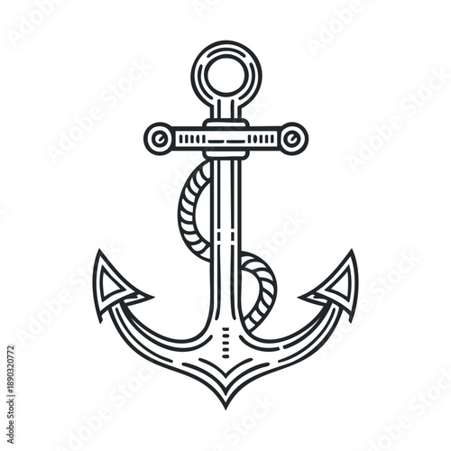 Stylized nautical anchor illustration with a rope wrapped around its sturdy metal shaft, symbolizing maritime heritage, stability, and adventure.