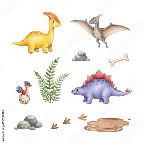 Cute smiling dinosaurs Parasaurolophus Pterodactyl Stegosaurus and hatching baby with prehistoric elements watercolor style