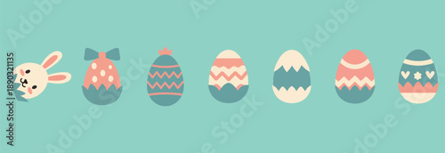 Colorful easter eggs and bunny on pastel background festive holiday decoration