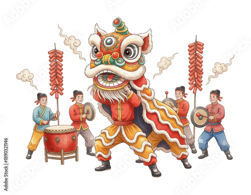 Energetic Chinese Lion Dance Performance with Musicians Playing Drums and Gongs Amidst Festive Firecrackers