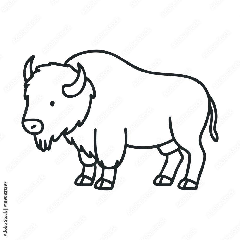 Fototapeta premium American bison animal standing in a simple outline drawing style, depicting the majestic North American mammal with a minimalist, cartoonish aesthetic.