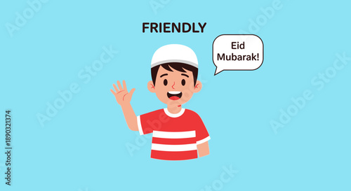 A friendly cartoon boy wearing a white cap and red striped shirt, waving and saying "Eid Mubarak!" on a light blue background.
