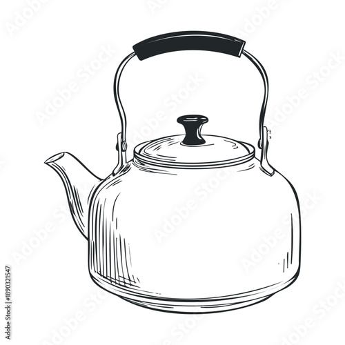 Classic stovetop kettle illustration, hand-drawn with intricate details, perfect for vintage kitchenware designs, culinary themes, and traditional beverage preparation concepts.