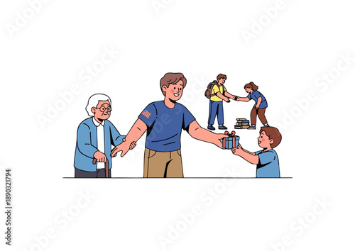 Illustration of intergenerational connection and gift-giving, symbolizing community and kindness
