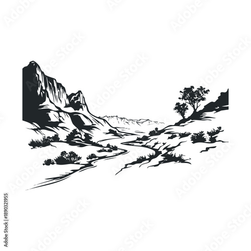 Desert landscape illustration featuring majestic mountains and winding path through arid terrain with sparse vegetation under a clear sky, rendered in a striking monochromatic graphic style.