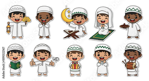 Cute cartoon Muslim children characters celebrating Islamic traditions, including prayer, reading Quran, holding lanterns, and festive activities for Ramadan or Eid.