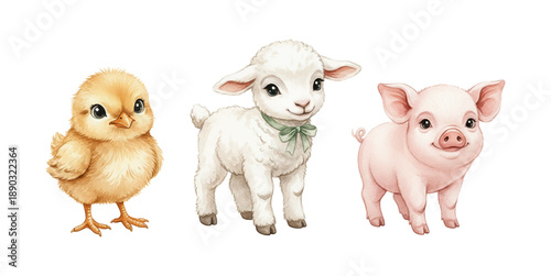 Adorable baby farm animals chick lamb and piglet standing together smiling watercolor illustration isolated on white