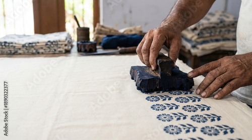 Traditional Block Printing on Cotton Fabric Using Natural Dye and Wooden Stamp in Jaipur