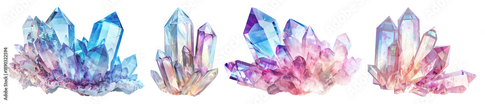 Fototapeta premium PNG Vibrant iridescent crystal formations, element set on transparent background