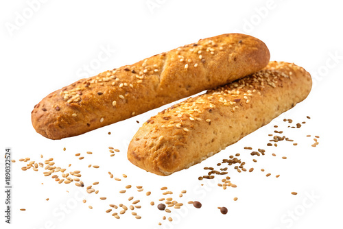 Two delicious golden brown breadsticks generously sprinkled with sesame and flax seeds isolated on transparent background