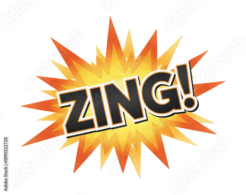 Pop art comic book sound effect text Zing on a dynamic yellow and orange starburst explosion graphic vector