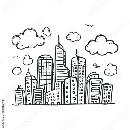 Hand drawn doodle cityscape illustration featuring tall buildings and fluffy clouds under a clear sky, depicting a vibrant urban metropolis.