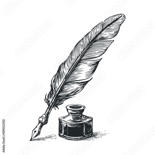 Hand-drawn quill pen and inkwell engraving style illustration representing historical writing tools and ancient literary practices.