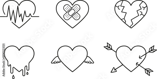 Hand Drawn Heart Icons Set Showing Love Healing Pain and Emotion in Minimal Outline Vector Style