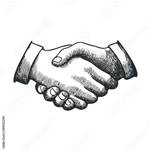 Handshake symbol of agreement and partnership, drawn in a classic vintage engraving style, representing a successful business deal or friendship.