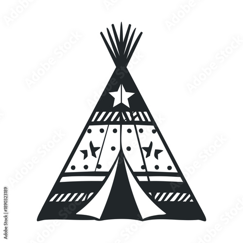 Traditional native American teepee tent illustration featuring decorative patterns and star motifs, representing cultural heritage and outdoor living.