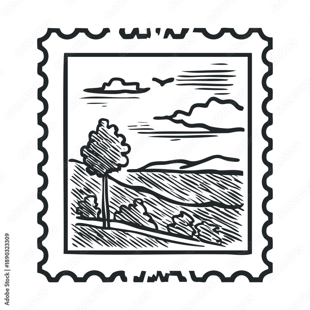 Obraz premium Postage stamp landscape illustration vintage style featuring a picturesque rural scene with a tree, rolling hills, and clouds, rendered in a classic woodcut aesthetic.