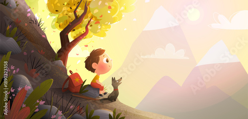 Boy and dog hiking adventures in nature, watching mountains at sunset. Mountain fairytale scenery with a child and a puppy journey in nature. Vector cartoon illustration for children adventures story.