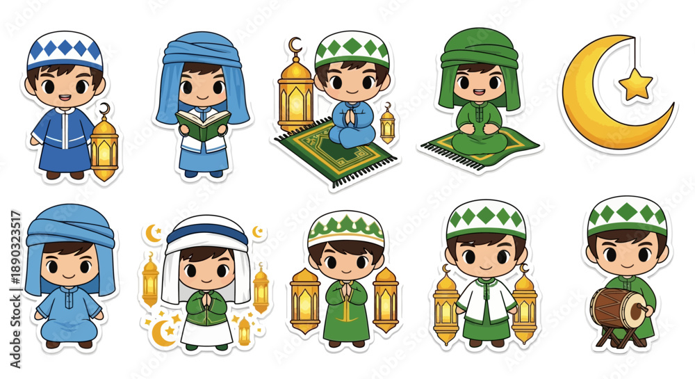 Obraz premium Cute cartoon Muslim boys in various poses and traditional attire, celebrating Islamic culture with prayer mats, lanterns, and a crescent moon.