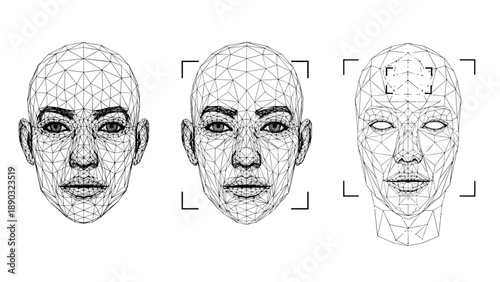 Three digital wireframe models of a human face demonstrating the process of facial recognition technology and biometric scanning systems.