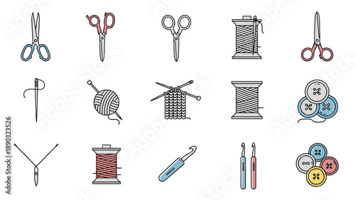 Comprehensive set of sewing and knitting icons including various scissors, spools of thread, needles, buttons, yarn and crochet hooks.