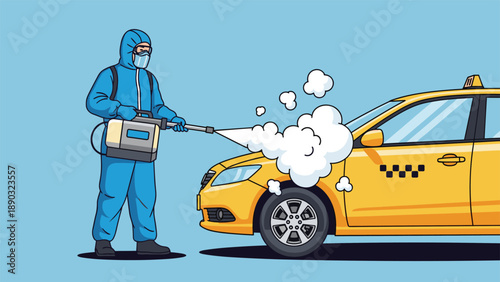 Worker in a full blue hazmat suit and protective gear spraying disinfectant on a yellow taxi car to prevent the spread of harmful viruses.