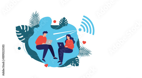 Remote work and connectivity concept with a man and woman using laptops in a tropical setting with wifi symbol.