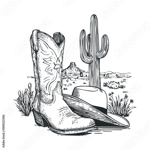 Cowboy boot, hat, and saguaro cactus are prominently featured in a detailed vintage engraving style illustration capturing the essence of the wild west desert.
