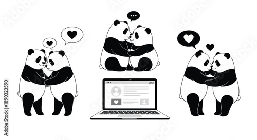Cute panda bears interacting through online dating and social media showing huggable characters and laptop profile icons.