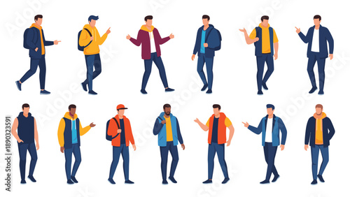 Large collection of diverse male character illustrations in various casual outfits and different poses for graphic design and storytelling.