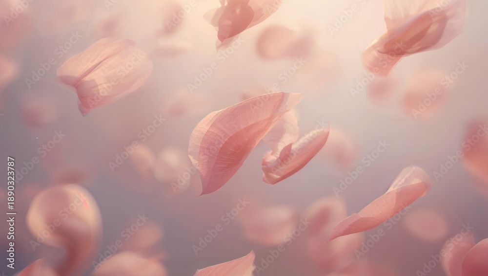 Fototapeta premium Drifting translucent pink petal showing veins in airy close-up with diffuse light, soft bokeh