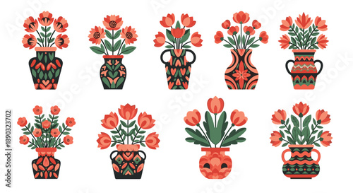 Decorative flower vase collection featuring various shapes and patterns with beautiful red floral arrangements for home decor.