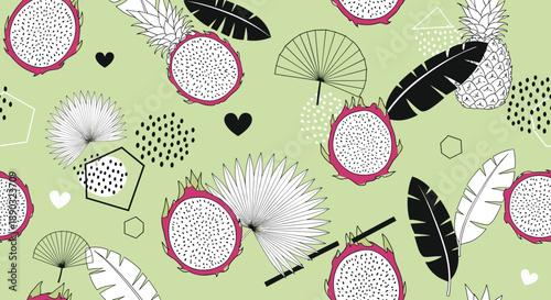 Tropical fruit pattern with dragon fruit slices, pineapples, and palm leaves for summer fashion and fabric design projects.