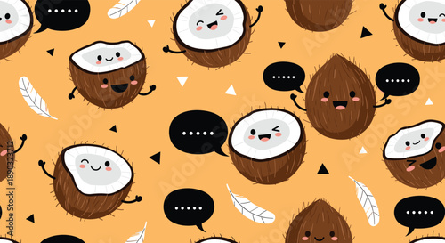 Funny coconut character pattern showing smiling whole and half coconut fruits with speech bubbles on an orange background.