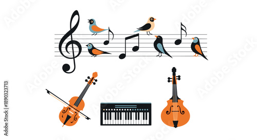 Creative illustration of musical instruments and birds perched on a five line staff as metaphorical notes representing a whimsical symphony of nature.