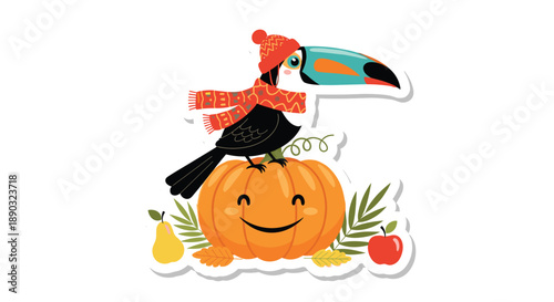 Cute toucan wearing a red winter hat and scarf perched on a smiling pumpkin with fall fruits and leaves for autumn holiday greeting card decorations.