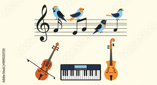 Musical instruments including violin and keyboard with colorful birds sitting on a staff like music notes for creative artistic education themes.