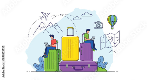 Travel concept illustration featuring people with laptops sitting on colorful suitcases against a mountain backdrop for digital nomad lifestyle themes.