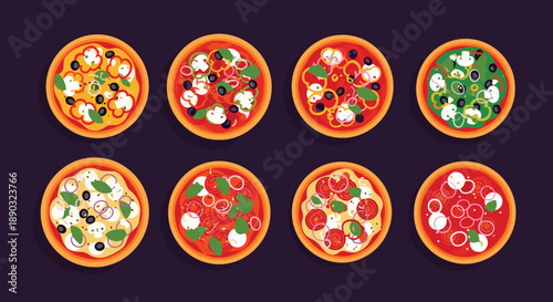 Overhead view of various delicious pizzas with different toppings like mushrooms olives and fresh vegetables for restaurant menu and catering designs.
