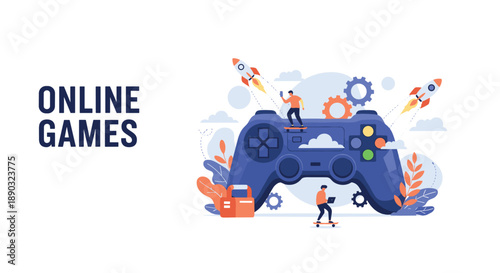 Online games concept with a large game controller tiny people playing and rockets flying in the background representing modern digital entertainment.